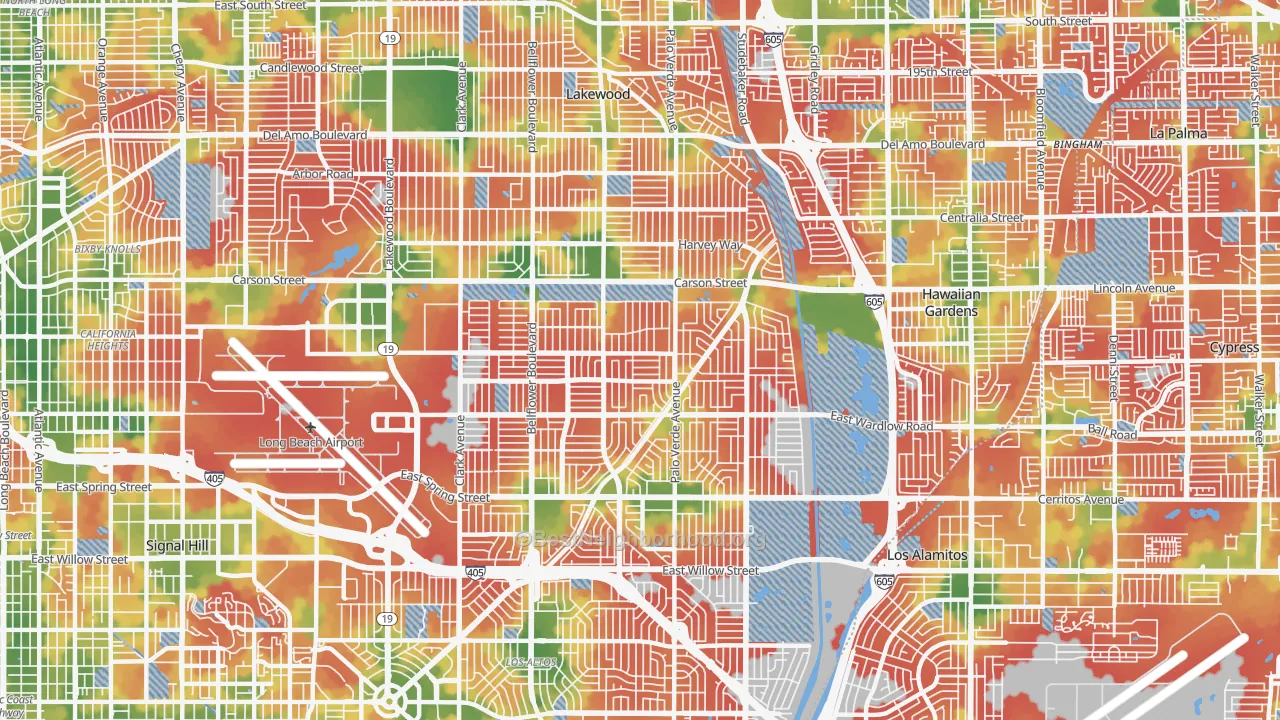 Walk Grade map of 90808, CA, walkable areas in green and car-dependent areas in red