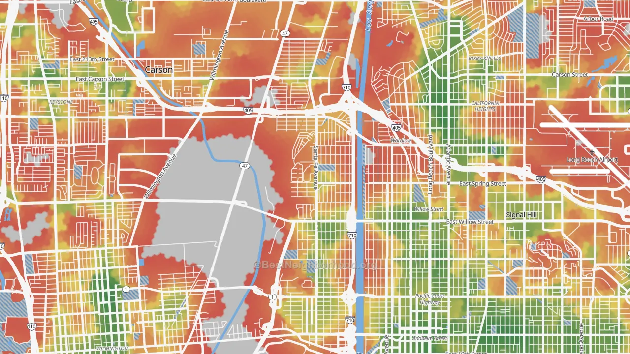 Walk Grade map of 90810, CA, walkable areas in green and car-dependent areas in red