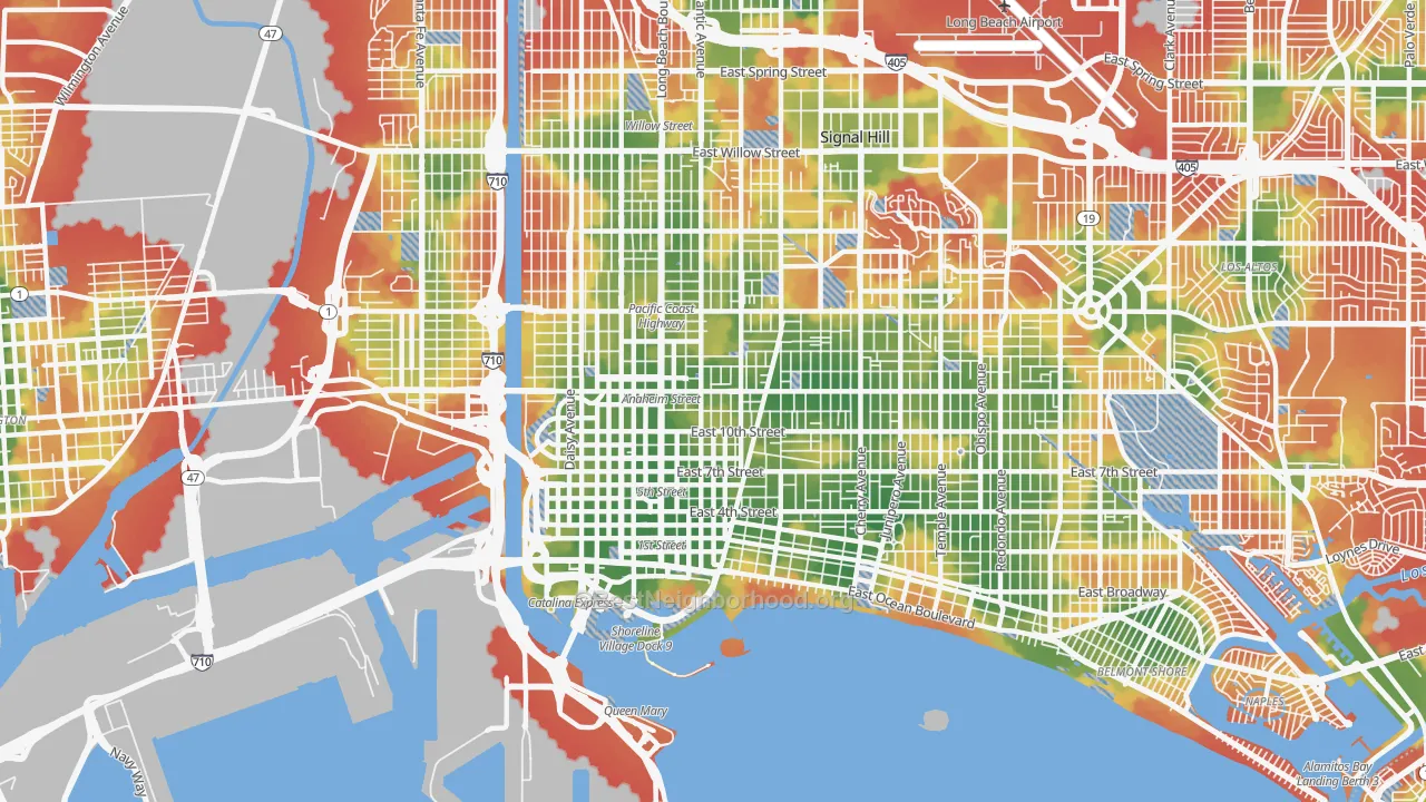 Walk Grade map of 90813, CA, walkable areas in green and car-dependent areas in red