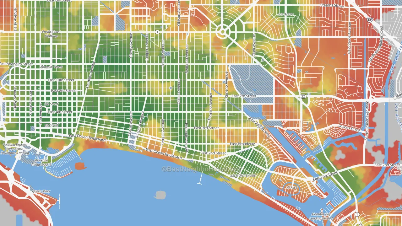 Walk Grade map of 90814, CA, walkable areas in green and car-dependent areas in red