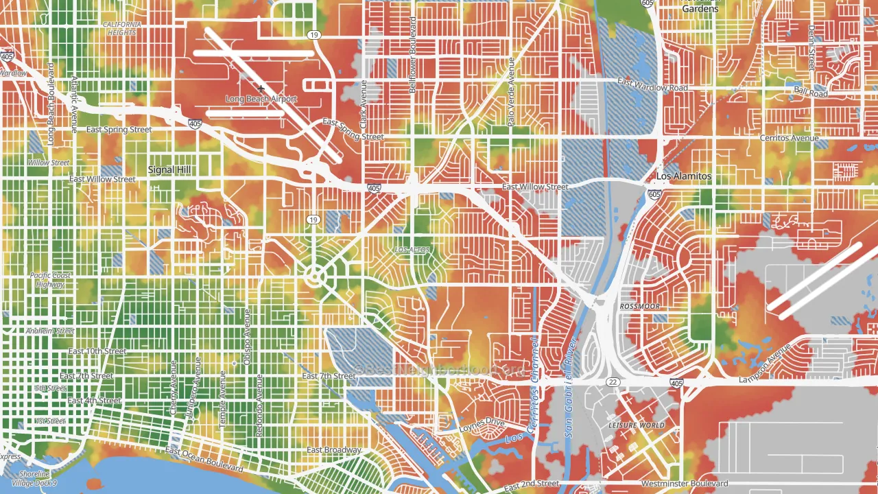 Walk Grade map of 90815, CA, walkable areas in green and car-dependent areas in red
