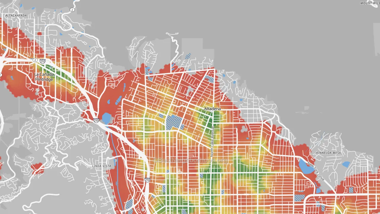 Walk Grade map of 91001, CA, walkable areas in green and car-dependent areas in red