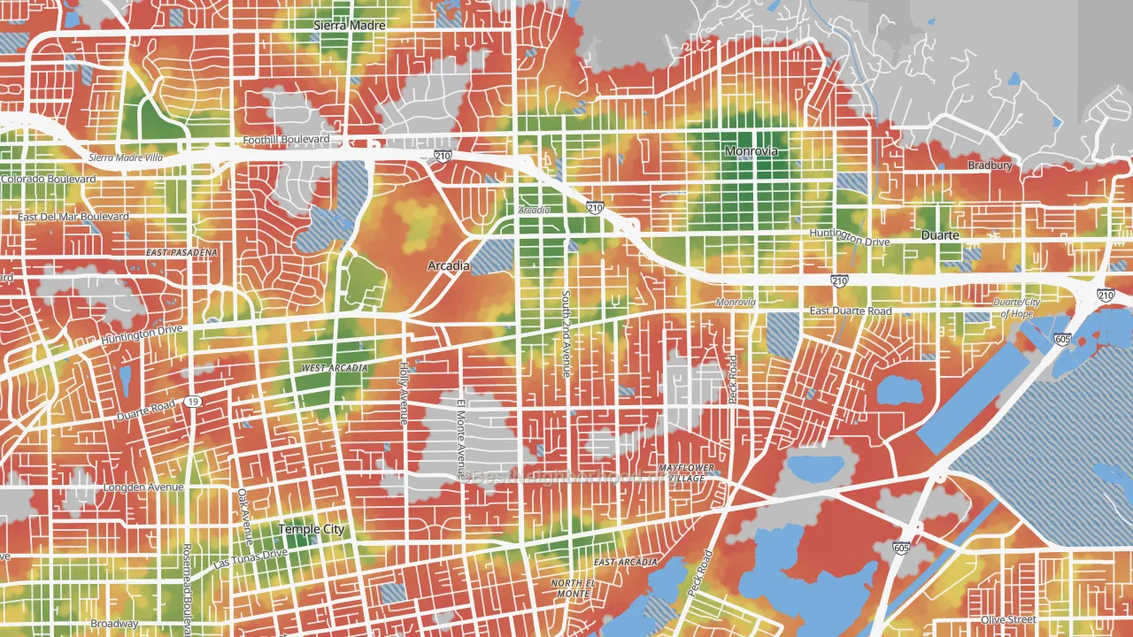 Walk Grade map of 91006, CA, walkable areas in green and car-dependent areas in red