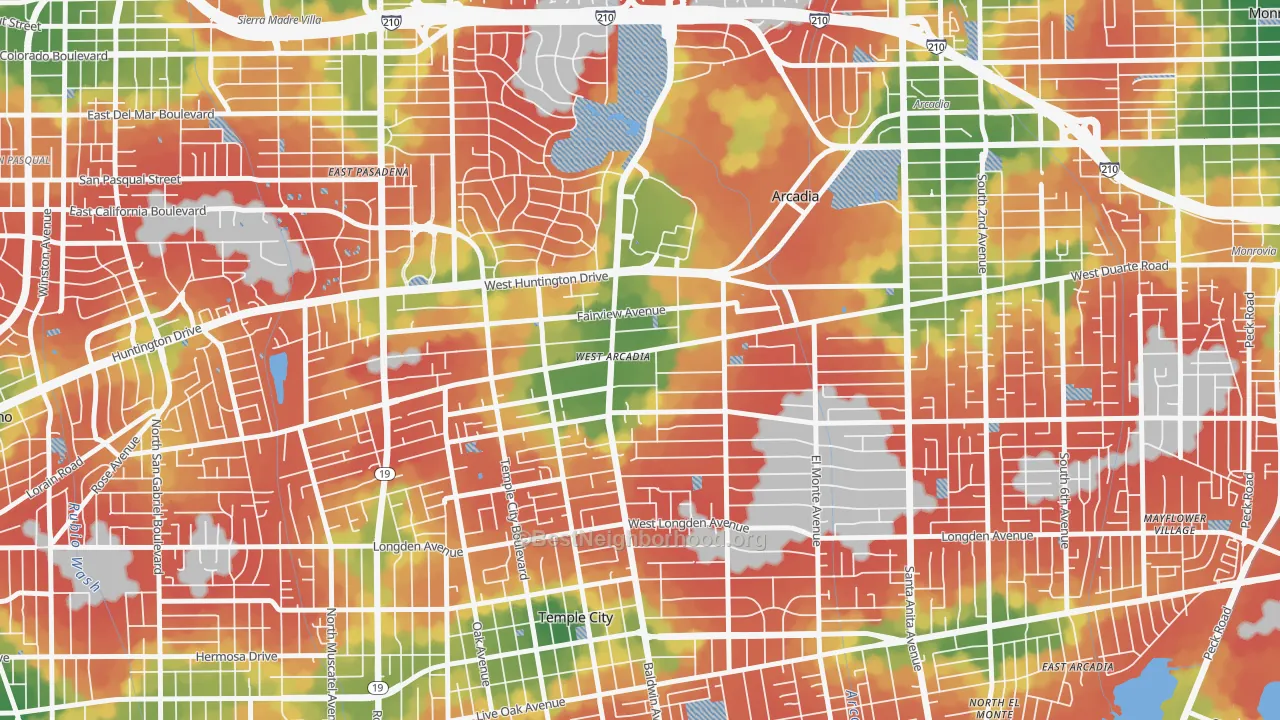 Walk Grade map of 91007, CA, walkable areas in green and car-dependent areas in red