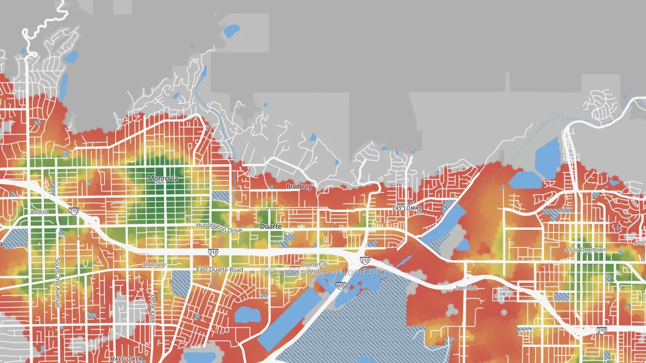 Walk Grade map of 91008, CA, walkable areas in green and car-dependent areas in red