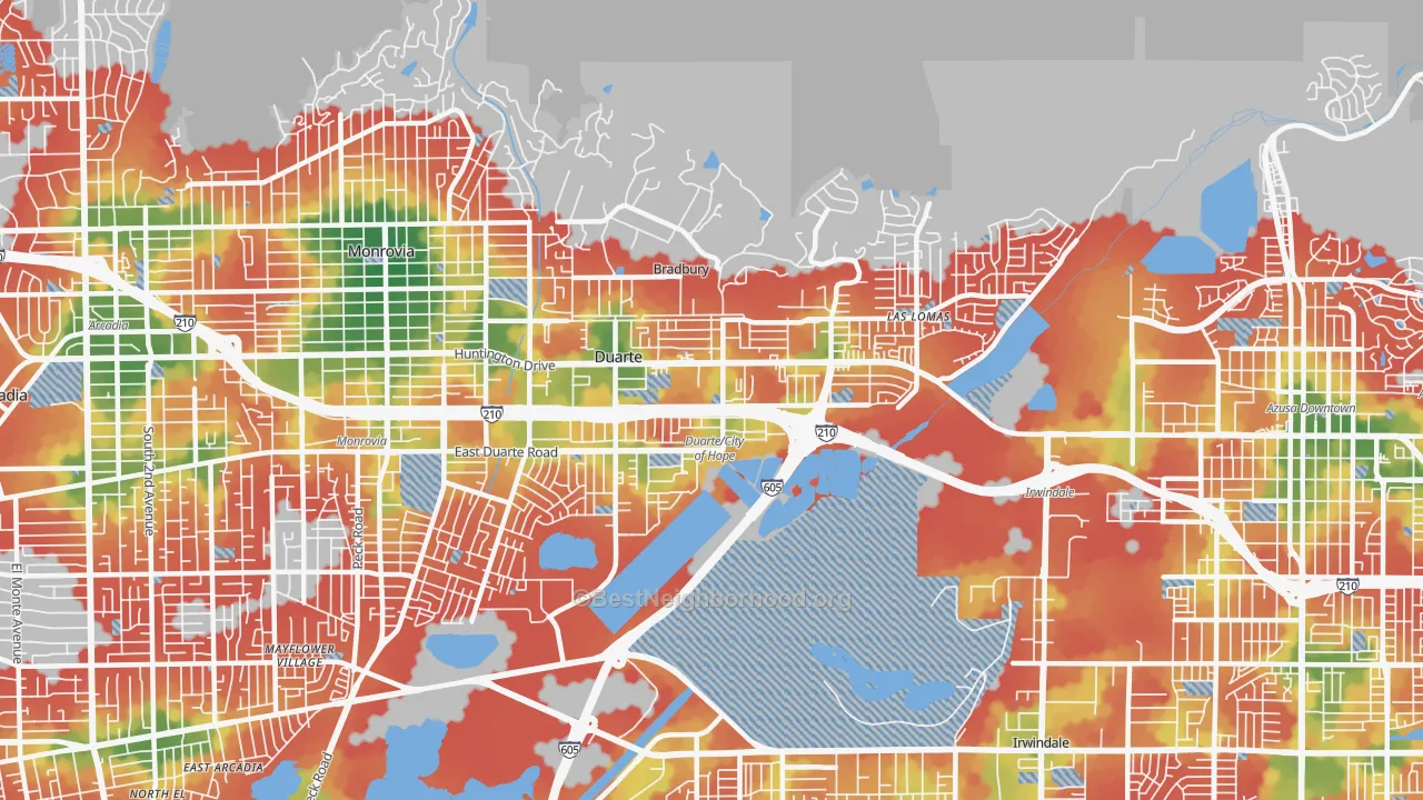 Walk Grade map of 91010, CA, walkable areas in green and car-dependent areas in red