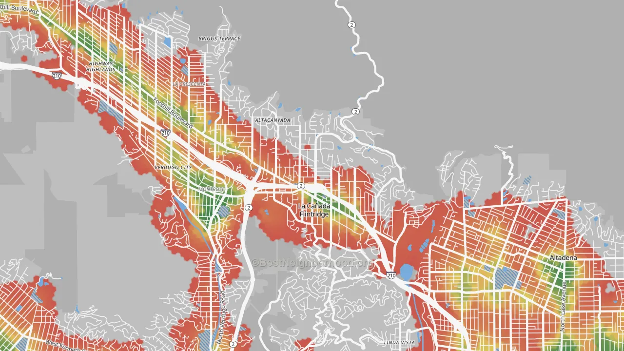 Walk Grade map of 91011, CA, walkable areas in green and car-dependent areas in red
