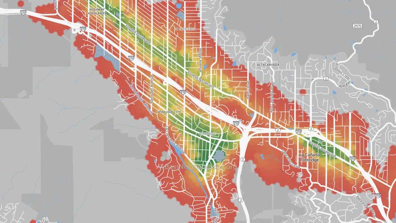 Walk Grade map of 91020, CA, walkable areas in green and car-dependent areas in red