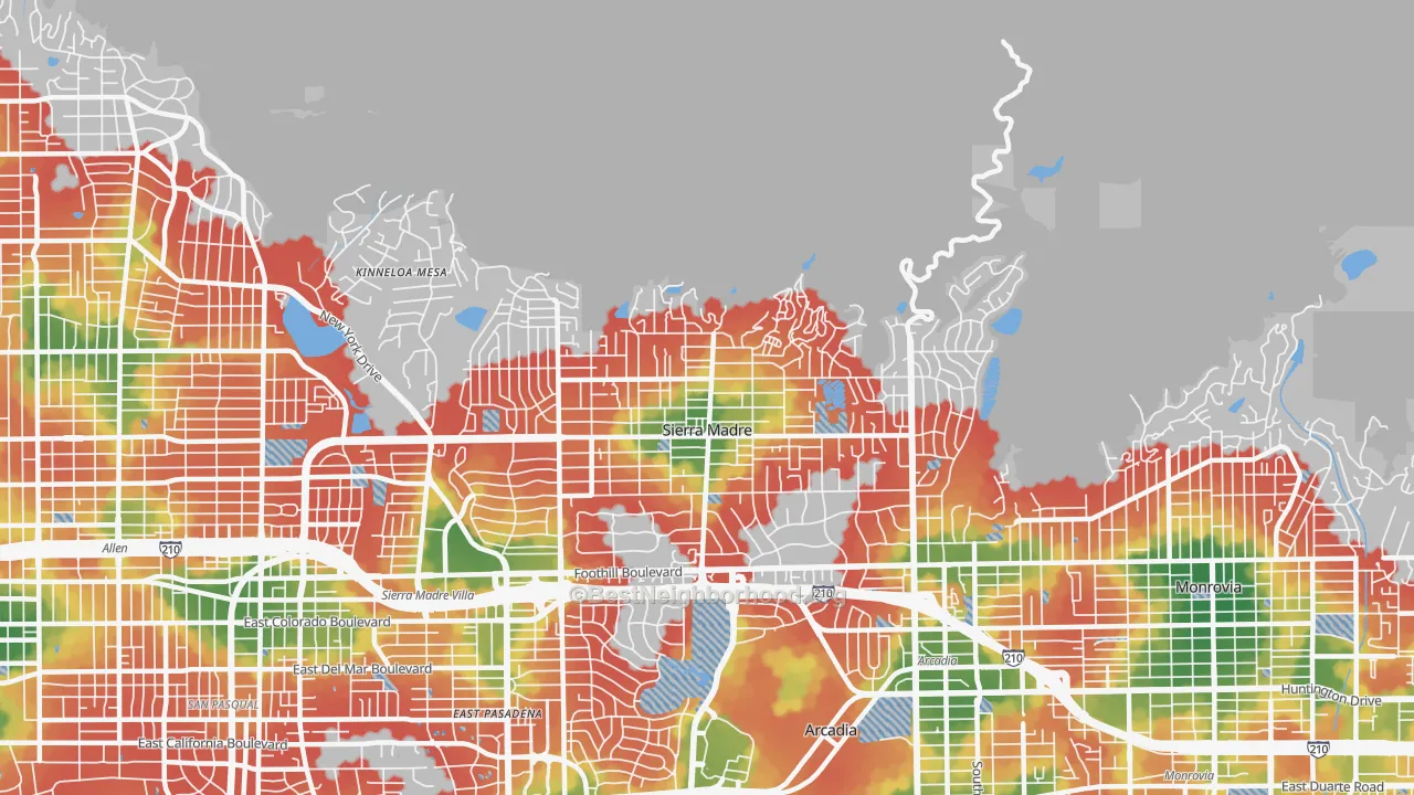 Walk Grade map of 91024, CA, walkable areas in green and car-dependent areas in red
