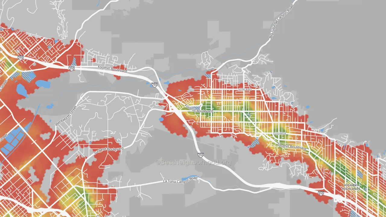 Walk Grade map of 91040, CA, walkable areas in green and car-dependent areas in red