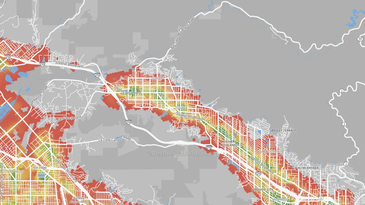 Walk Grade map of 91042, CA, walkable areas in green and car-dependent areas in red