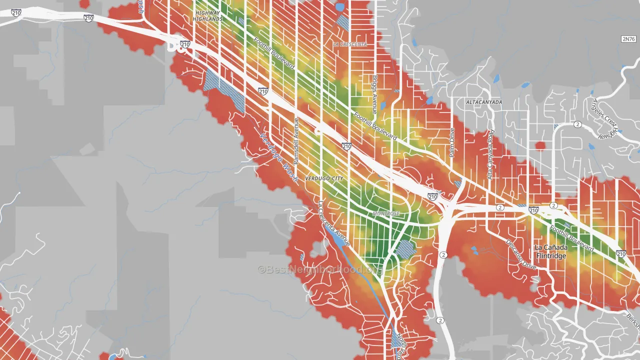 Walk Grade map of 91046, CA, walkable areas in green and car-dependent areas in red