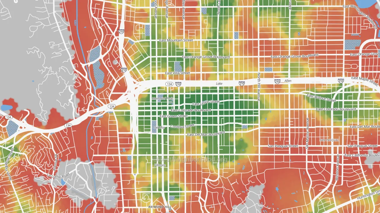 Walk Grade map of 91101, CA, walkable areas in green and car-dependent areas in red