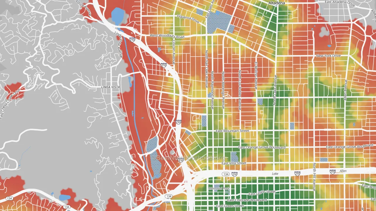 Walk Grade map of 91103, CA, walkable areas in green and car-dependent areas in red