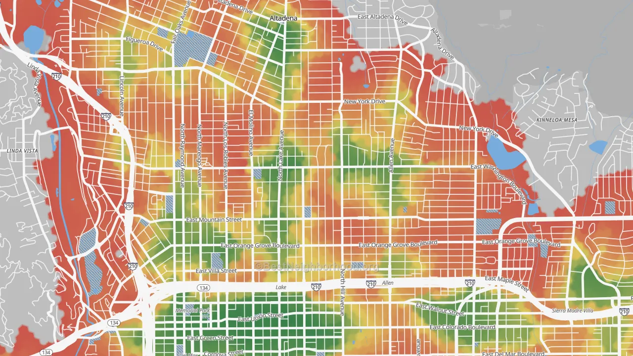Walk Grade map of 91104, CA, walkable areas in green and car-dependent areas in red