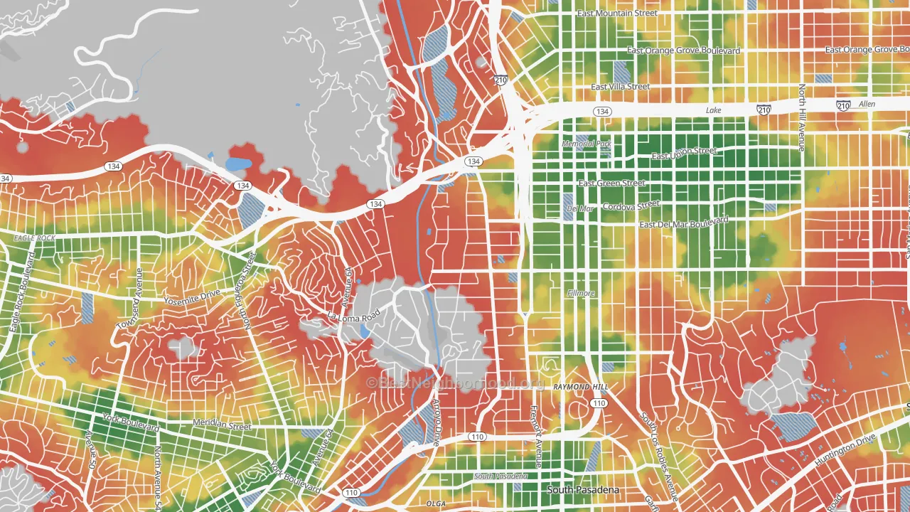 Walk Grade map of 91105, CA, walkable areas in green and car-dependent areas in red