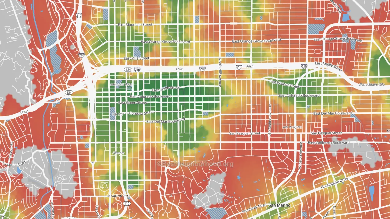 Walk Grade map of 91106, CA, walkable areas in green and car-dependent areas in red