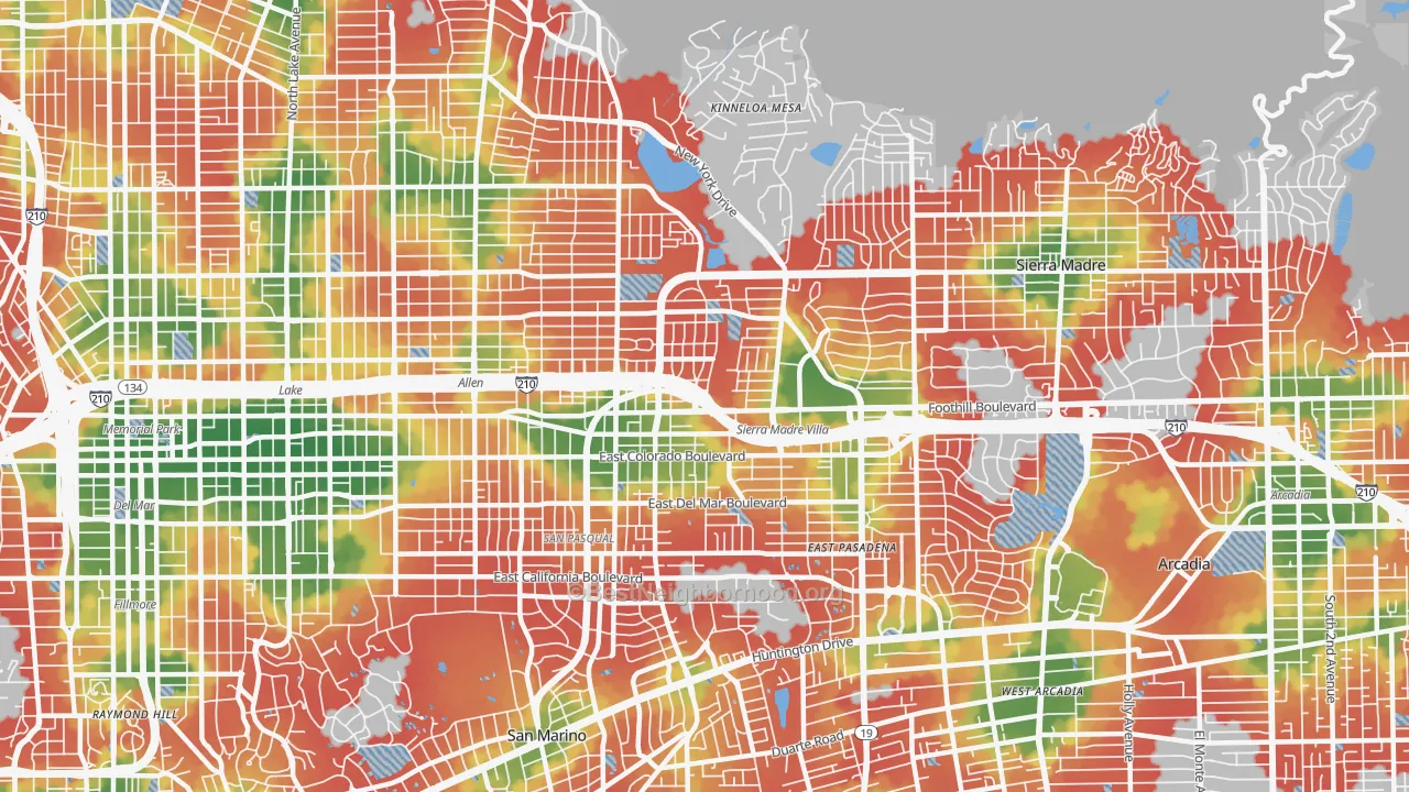 Walk Grade map of 91107, CA, walkable areas in green and car-dependent areas in red