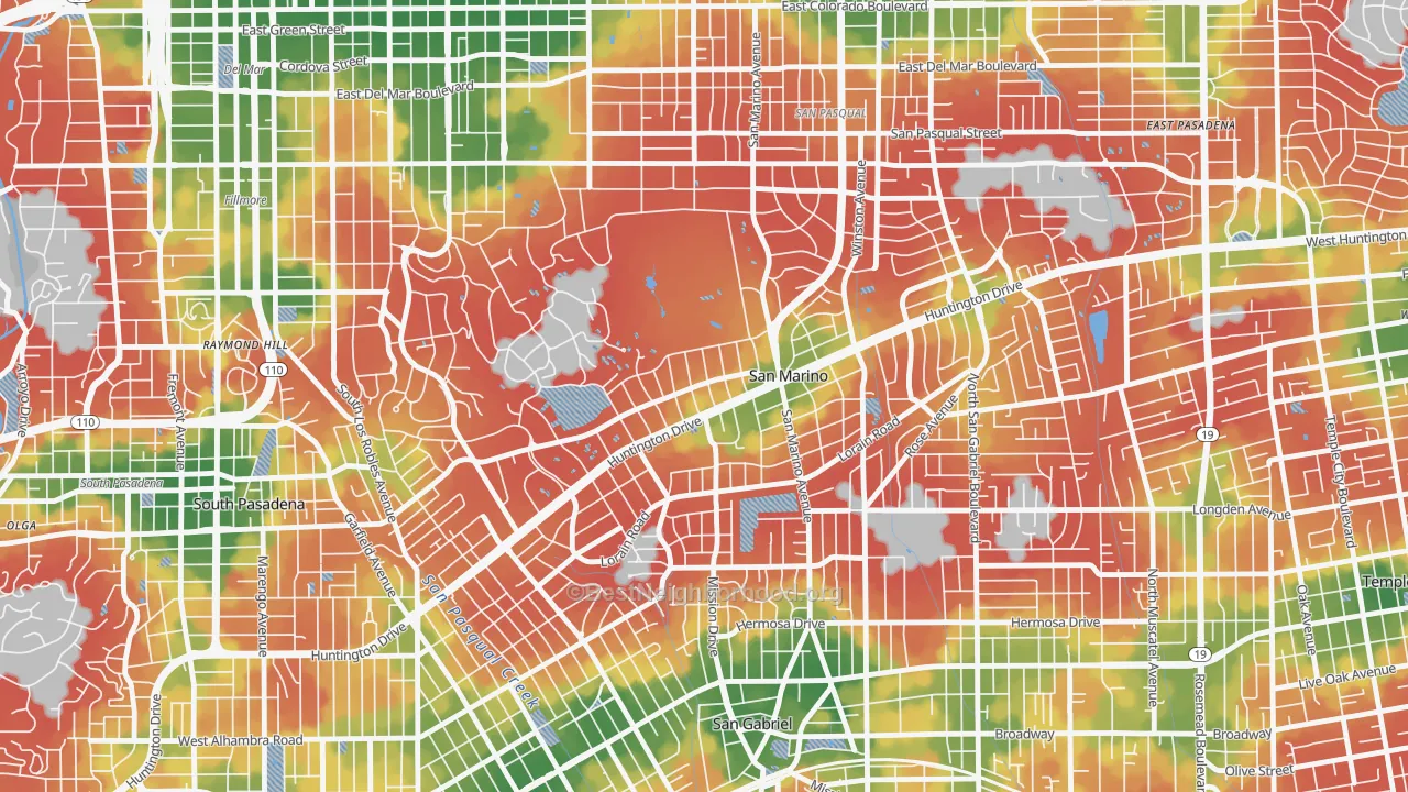 Walk Grade map of 91108, CA, walkable areas in green and car-dependent areas in red
