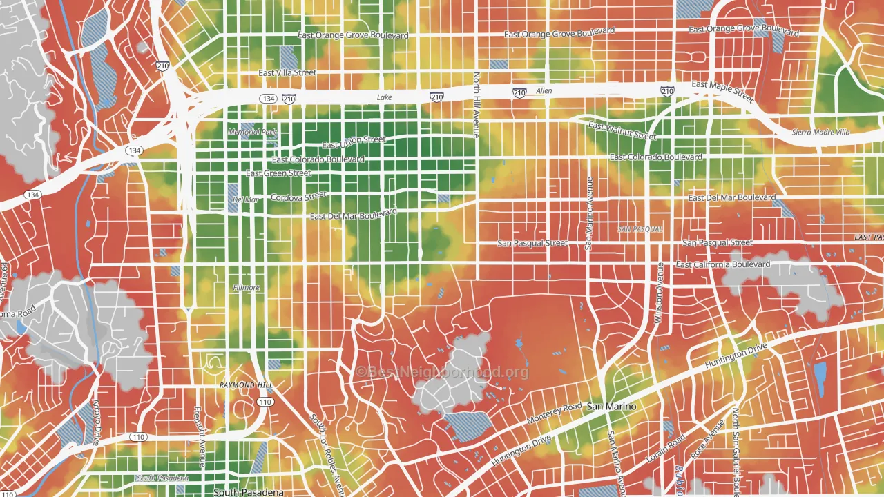 Walk Grade map of 91125, CA, walkable areas in green and car-dependent areas in red