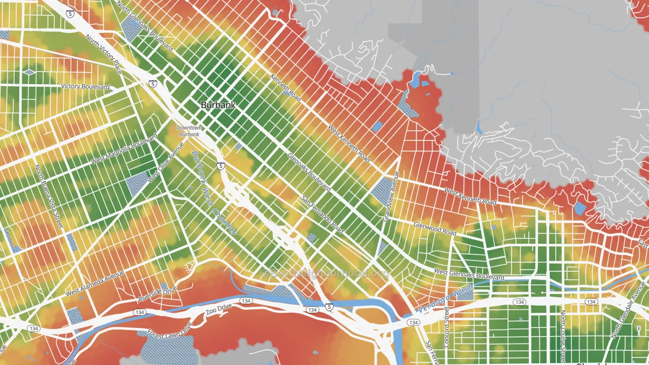 Walk Grade map of 91201, CA, walkable areas in green and car-dependent areas in red