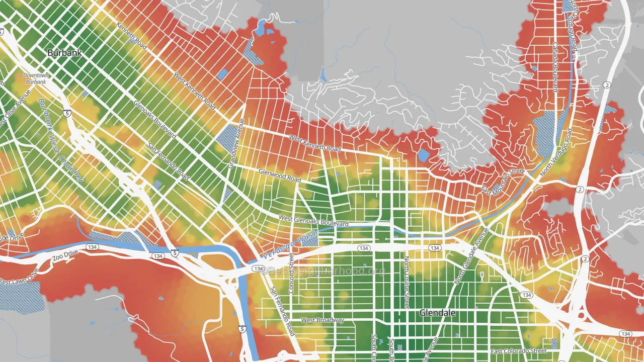 Walk Grade map of 91202, CA, walkable areas in green and car-dependent areas in red