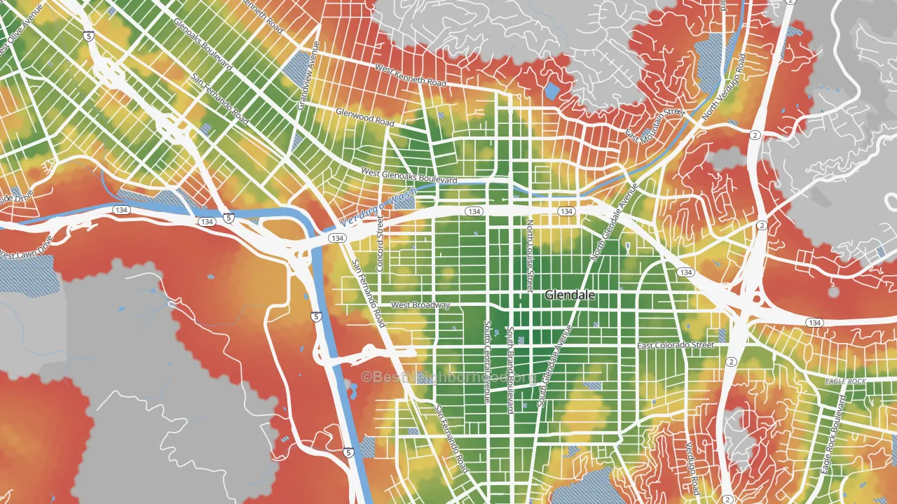 Walk Grade map of 91203, CA, walkable areas in green and car-dependent areas in red