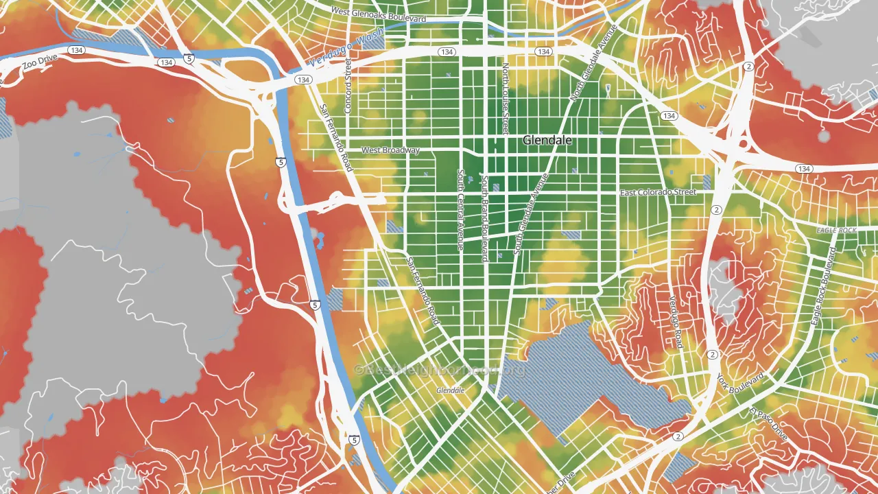 Walk Grade map of 91204, CA, walkable areas in green and car-dependent areas in red