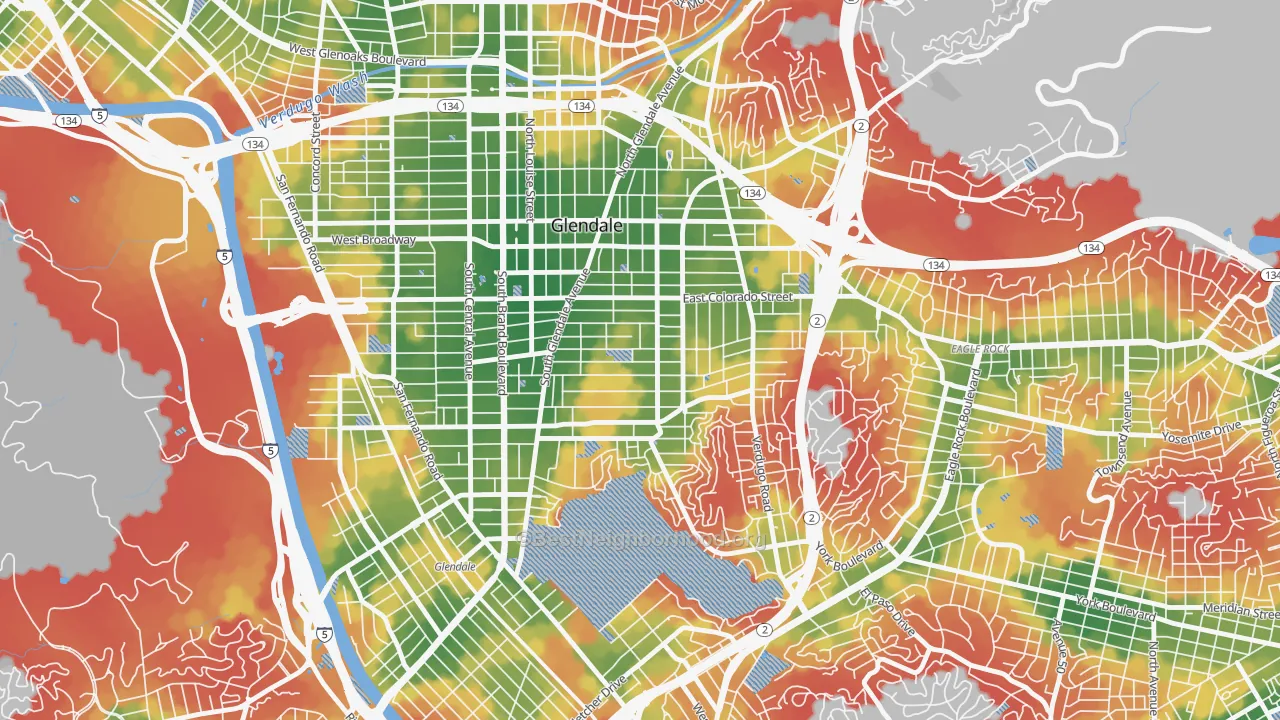 Walk Grade map of 91205, CA, walkable areas in green and car-dependent areas in red