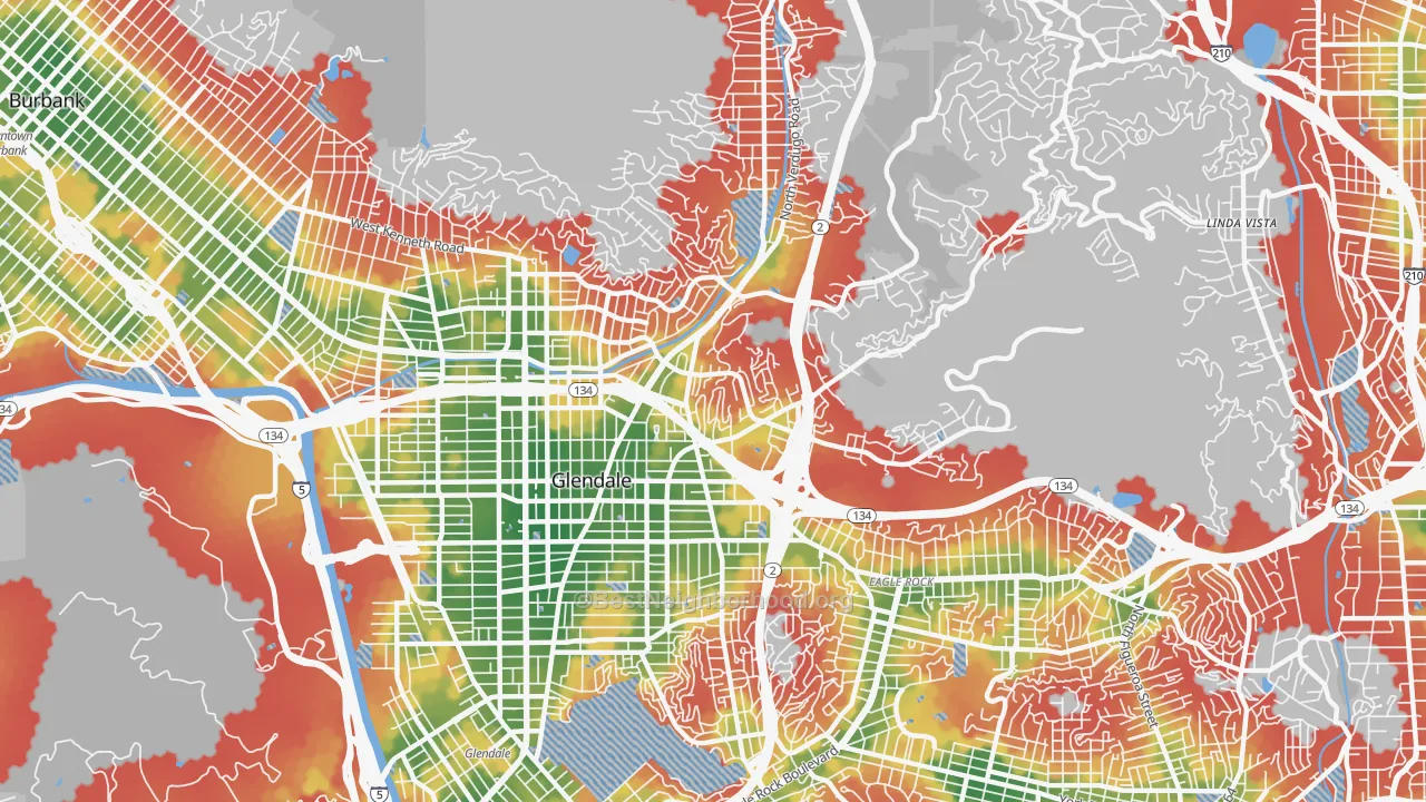 Walk Grade map of 91206, CA, walkable areas in green and car-dependent areas in red