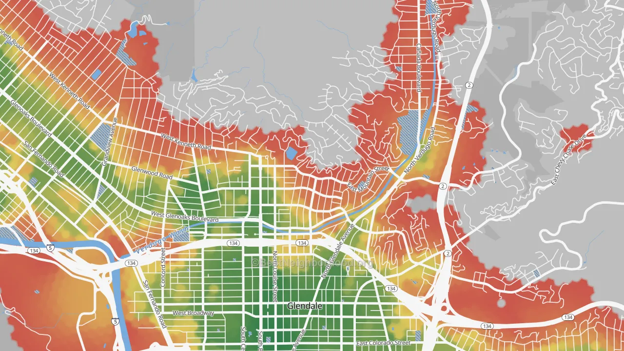 Walk Grade map of 91207, CA, walkable areas in green and car-dependent areas in red