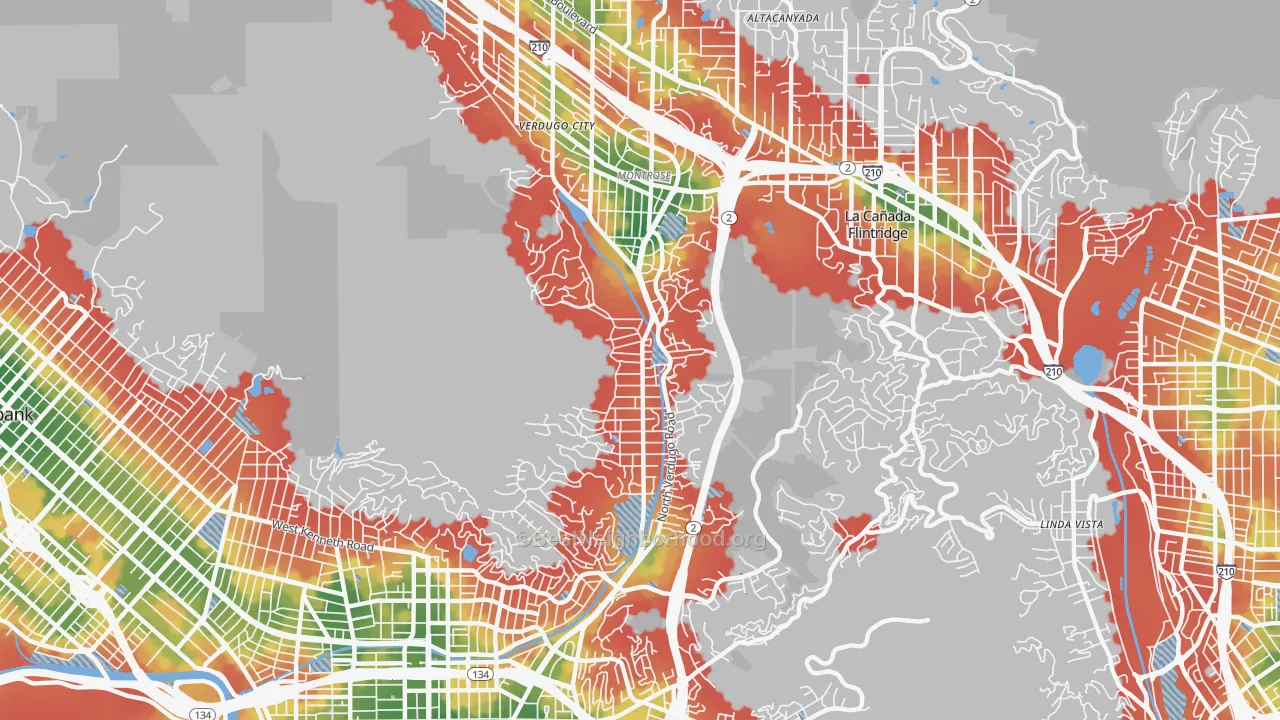 Walk Grade map of 91208, CA, walkable areas in green and car-dependent areas in red