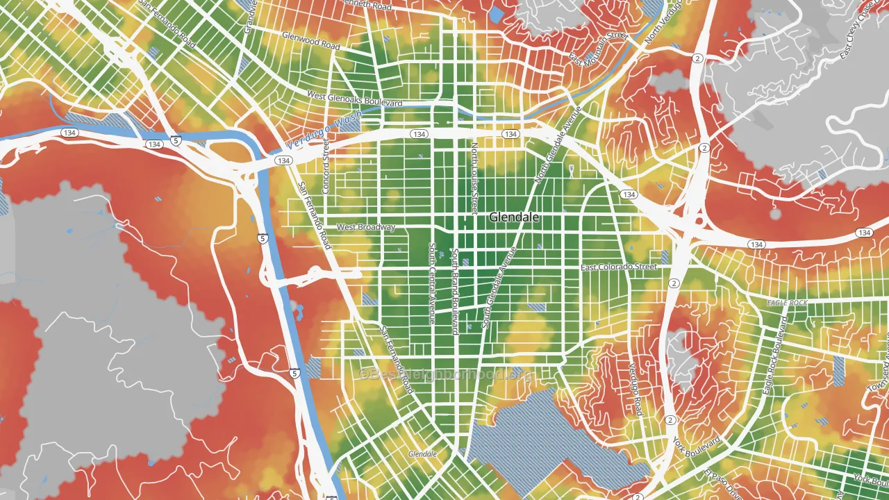 Walk Grade map of 91210, CA, walkable areas in green and car-dependent areas in red