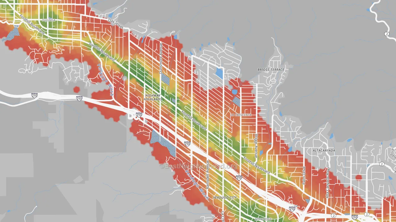 Walk Grade map of 91214, CA, walkable areas in green and car-dependent areas in red