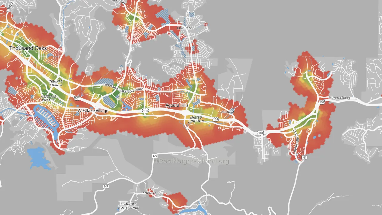 Walk Grade map of 91301, CA, walkable areas in green and car-dependent areas in red