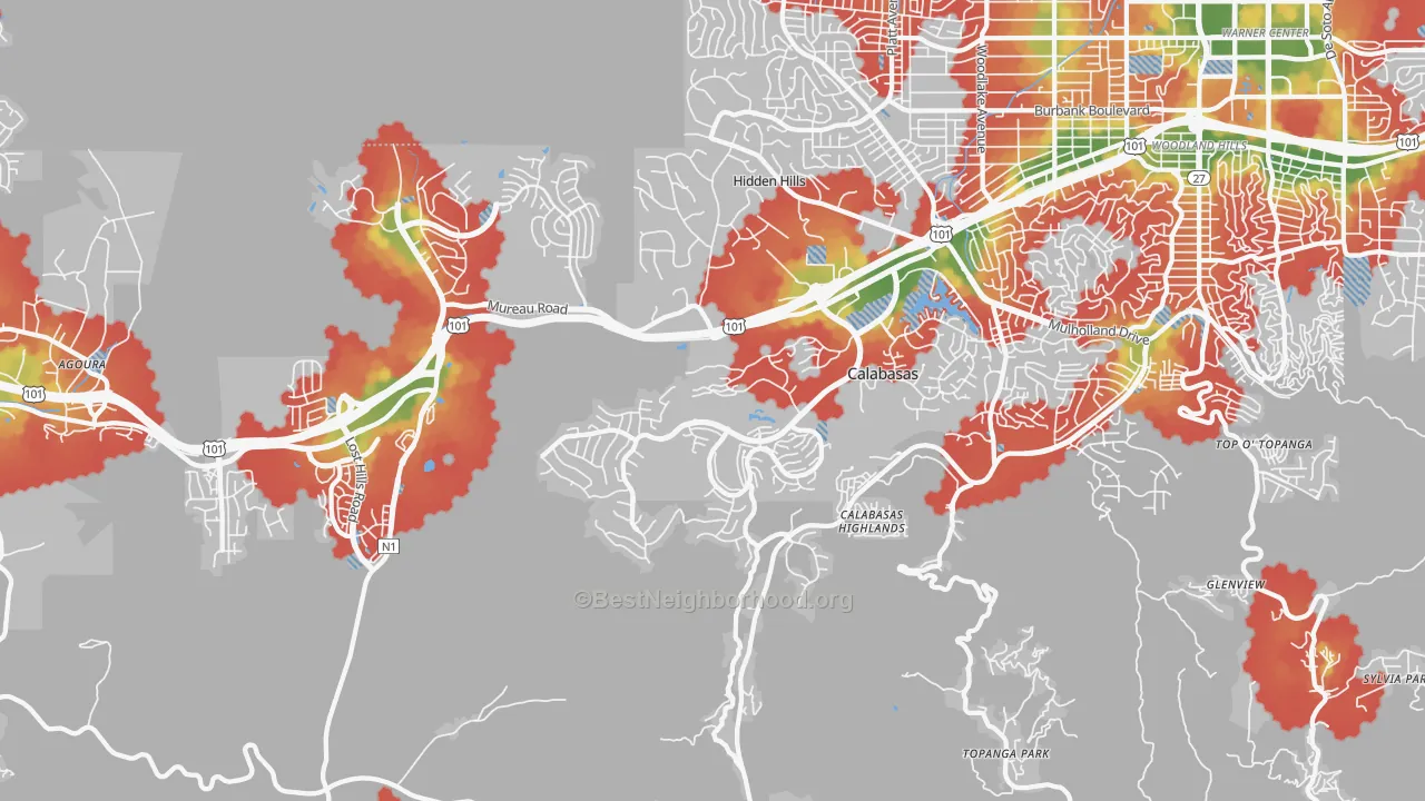 Walk Grade map of 91302, CA, walkable areas in green and car-dependent areas in red
