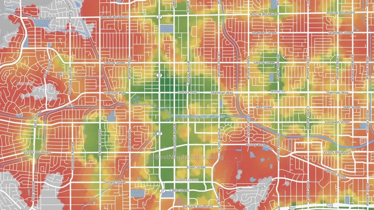 Walk Grade map of 91303, CA, walkable areas in green and car-dependent areas in red