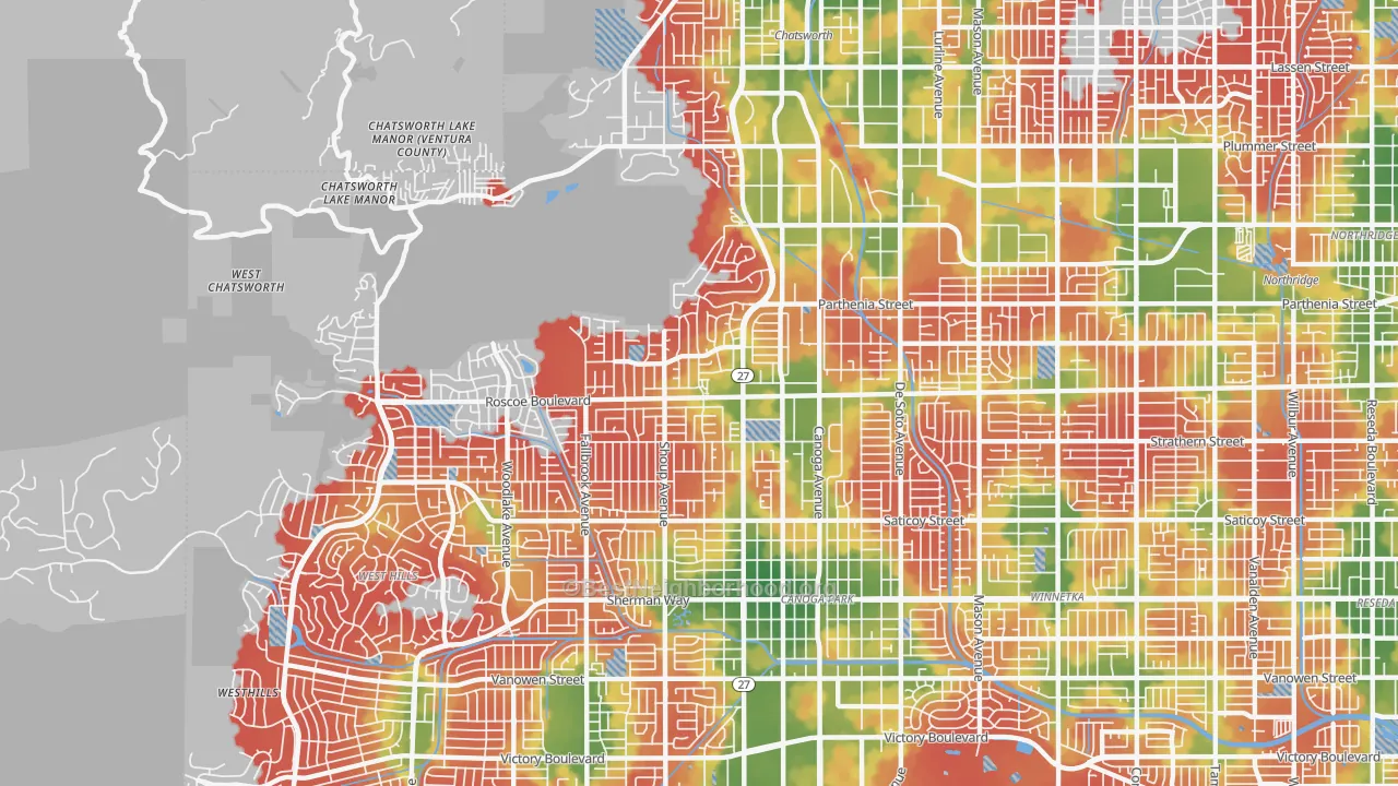 Walk Grade map of 91304, CA, walkable areas in green and car-dependent areas in red