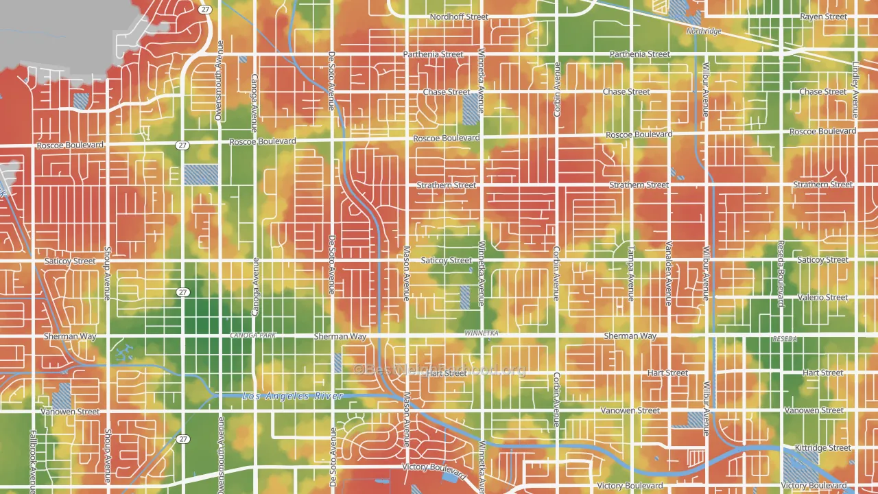 Walk Grade map of 91306, CA, walkable areas in green and car-dependent areas in red