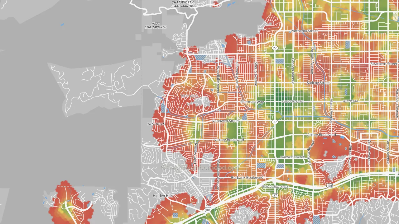Walk Grade map of 91307, CA, walkable areas in green and car-dependent areas in red