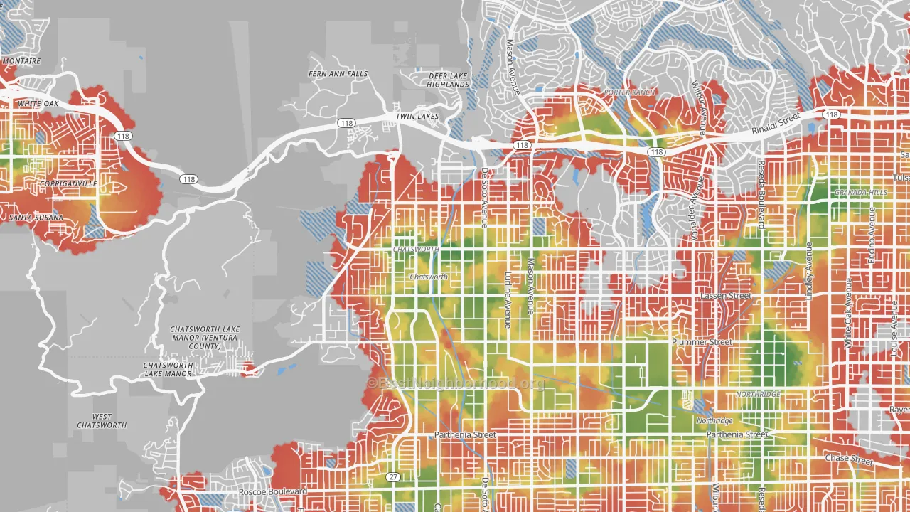 Walk Grade map of 91311, CA, walkable areas in green and car-dependent areas in red