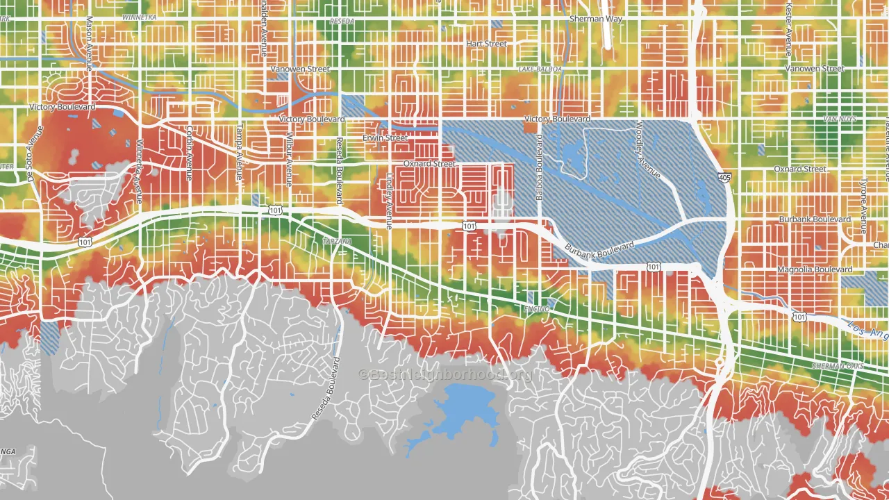 Walk Grade map of 91316, CA, walkable areas in green and car-dependent areas in red