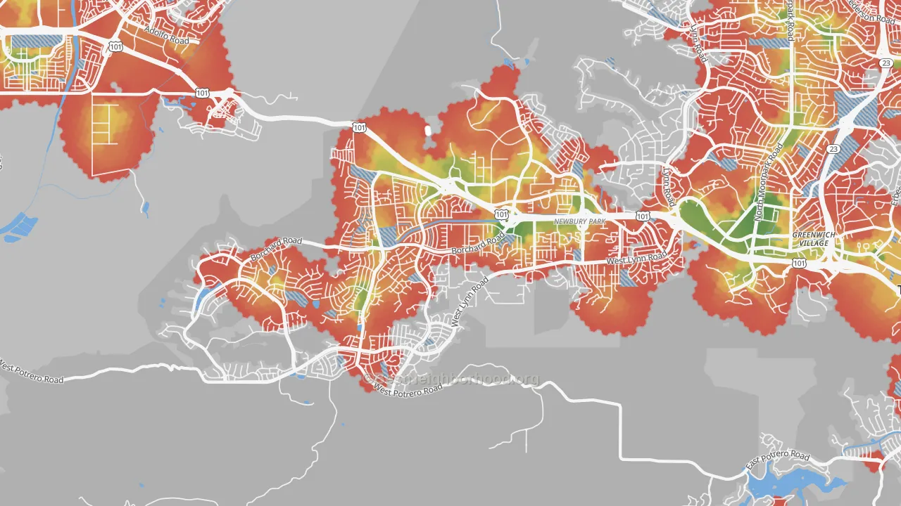 Walk Grade map of 91320, CA, walkable areas in green and car-dependent areas in red
