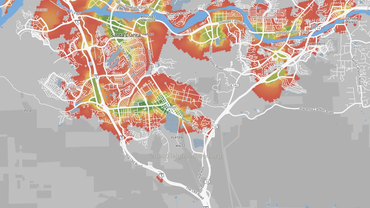 Walk Grade map of 91321, CA, walkable areas in green and car-dependent areas in red