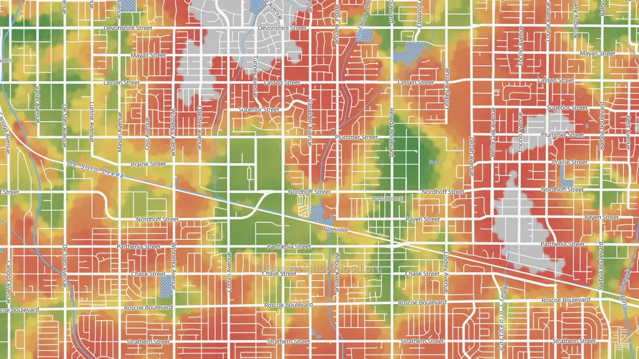 Walk Grade map of 91324, CA, walkable areas in green and car-dependent areas in red