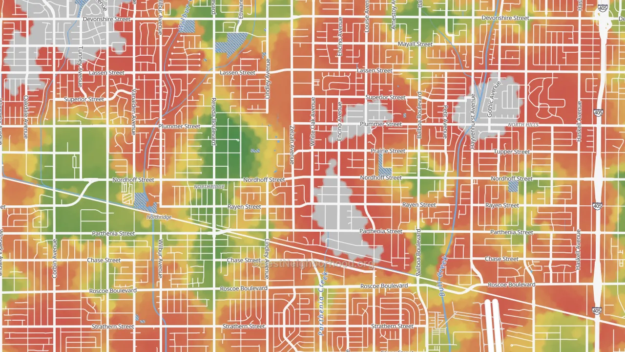 Walk Grade map of 91325, CA, walkable areas in green and car-dependent areas in red