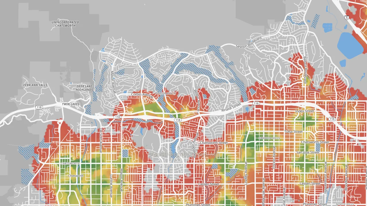 Walk Grade map of 91326, CA, walkable areas in green and car-dependent areas in red