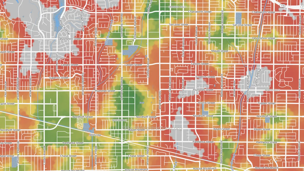 Walk Grade map of 91330, CA, walkable areas in green and car-dependent areas in red
