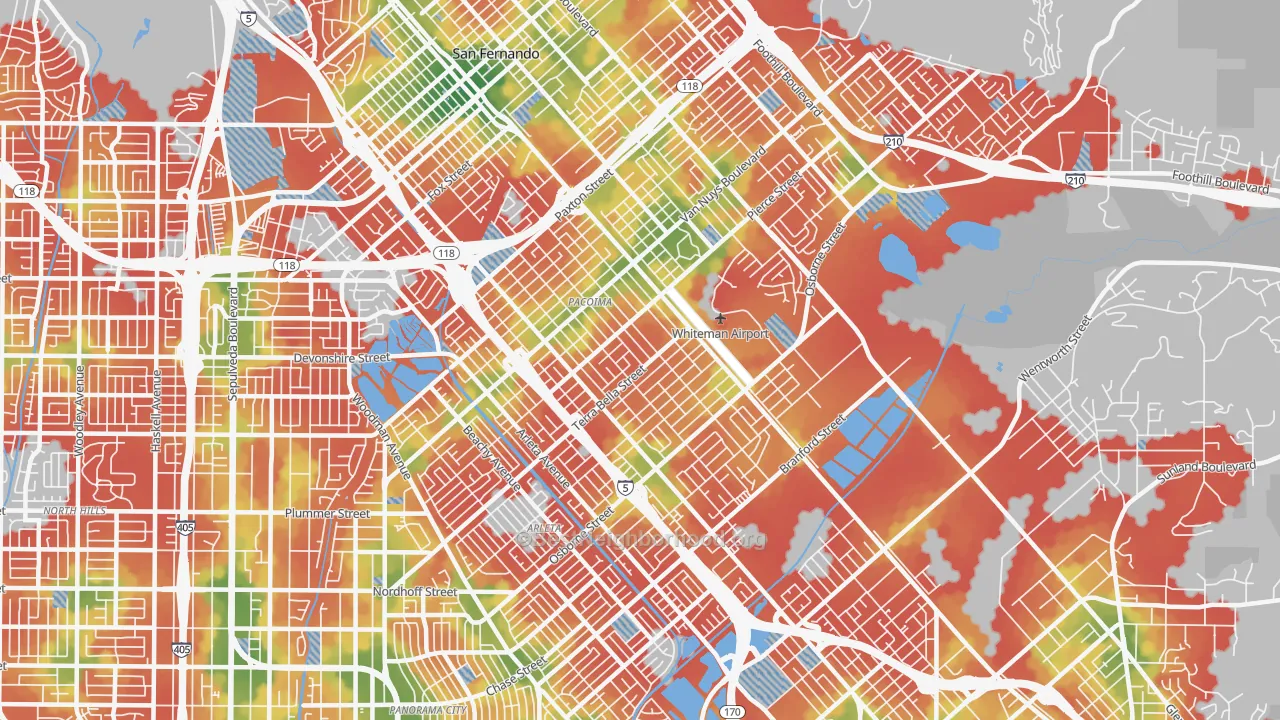Walk Grade map of 91331, CA, walkable areas in green and car-dependent areas in red
