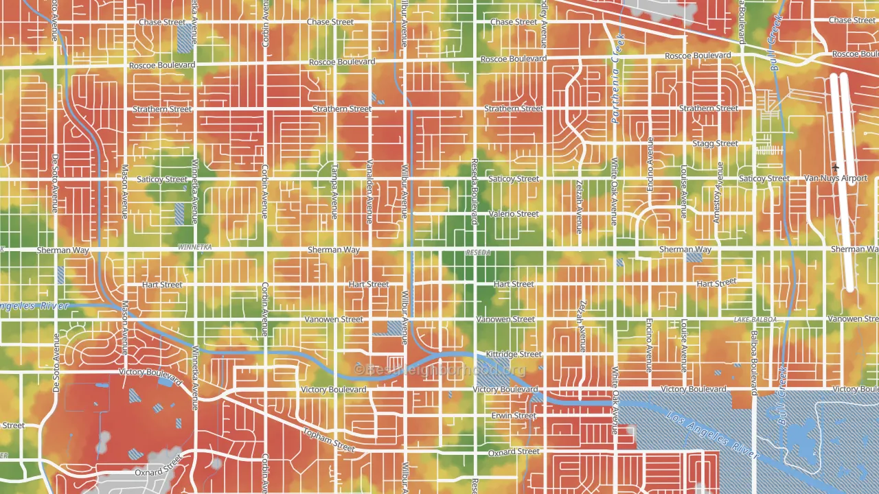 Walk Grade map of 91335, CA, walkable areas in green and car-dependent areas in red